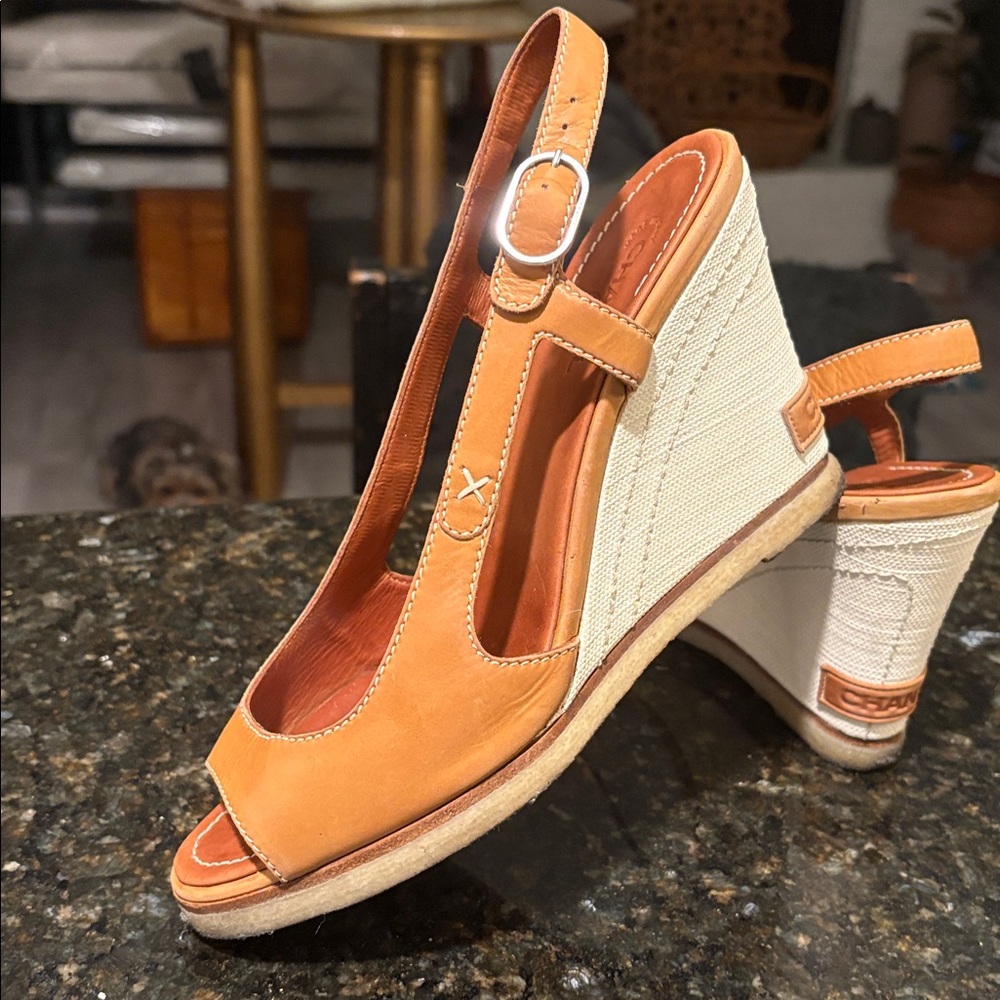 CHANEL Tan Leather Logo Wedge Sandals